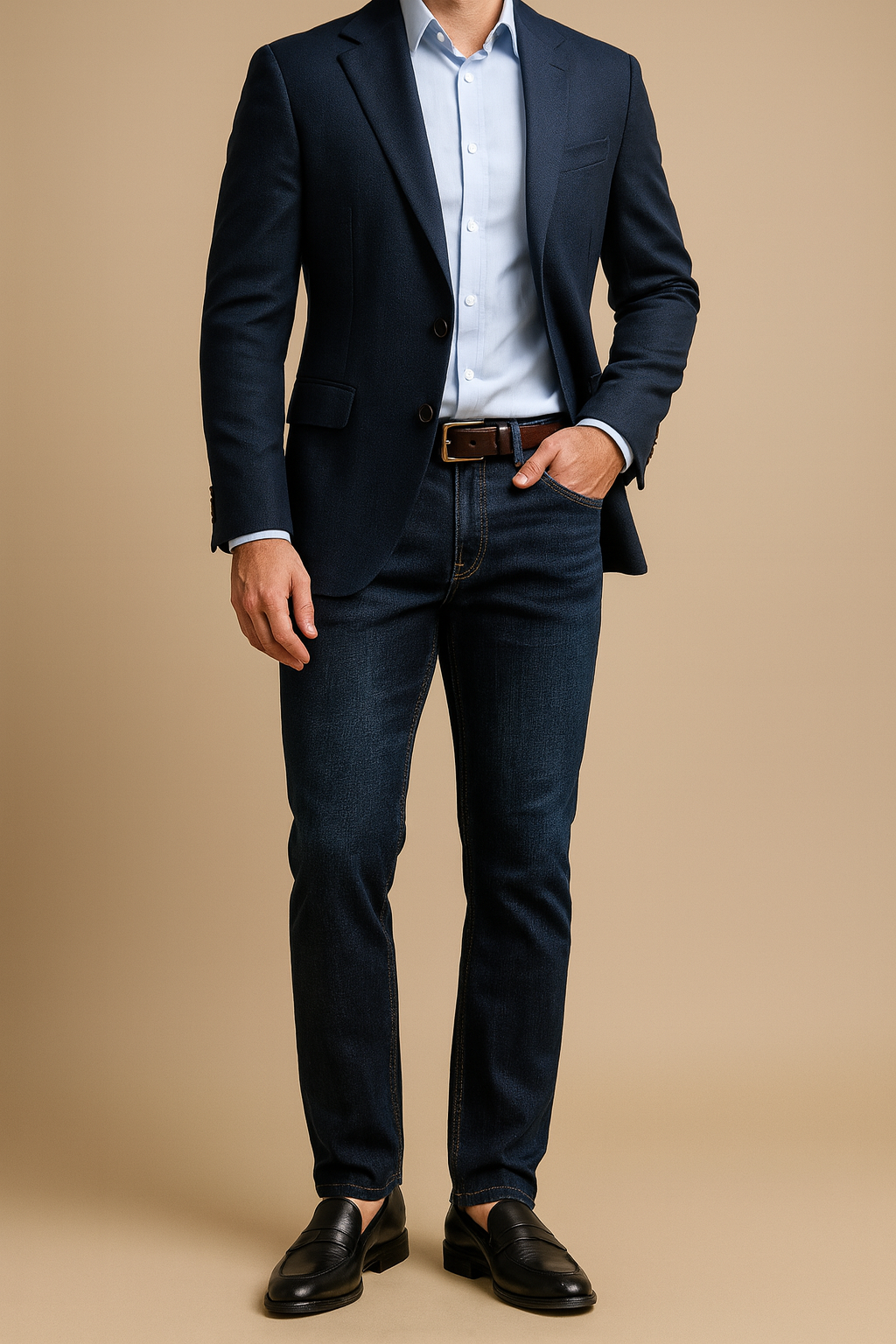 Men’s blue stretch-fit jeans styled with navy blazer, light shirt, and black loafers for a smart formal look.