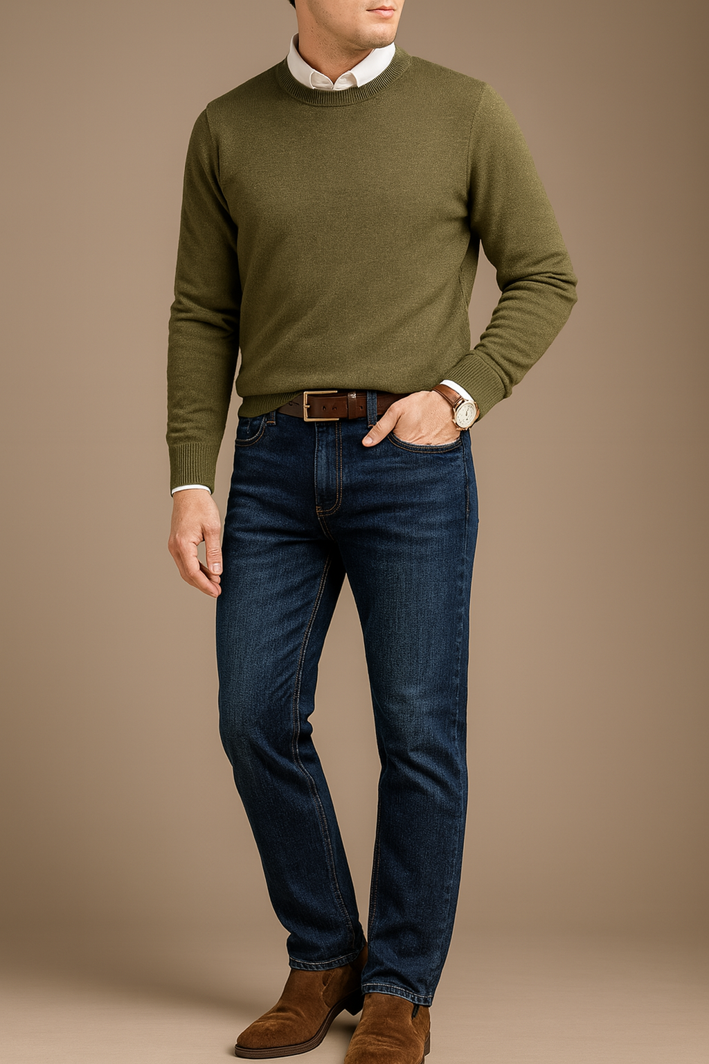 Men’s stretch denim jeans paired with knit sweater and brown loafers for a weekend smart-casual outfit.