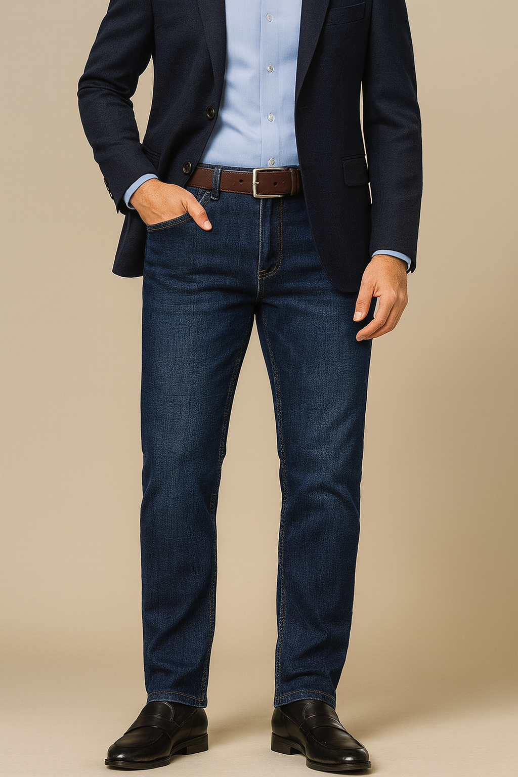 Classic men’s denim paired with blazer and dress shoes, highlighting business casual styling.