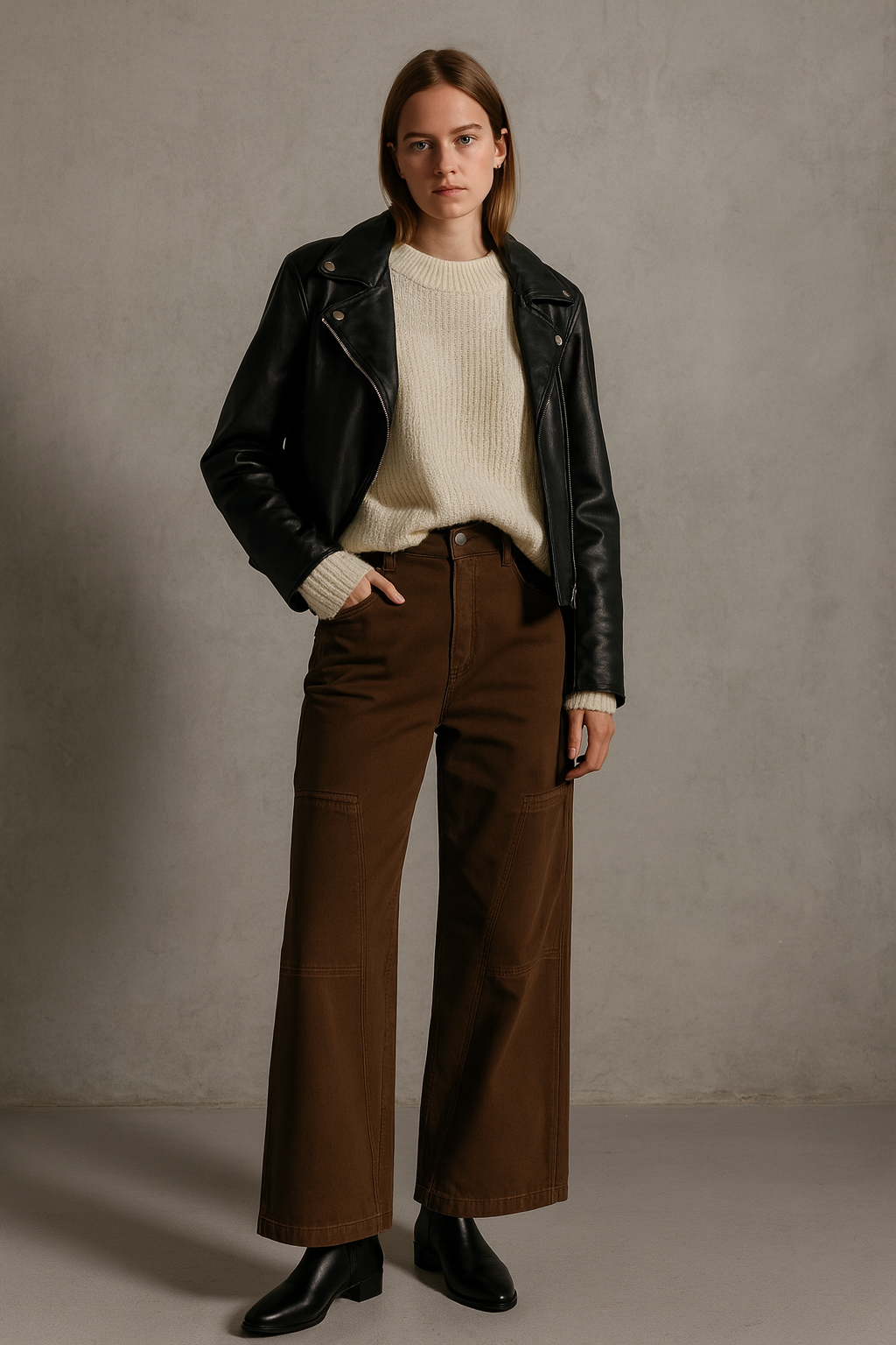Brown wide-leg denim trousers with mid-rise waist and panel stitching, paired with cream knit sweater and black leather jacket.