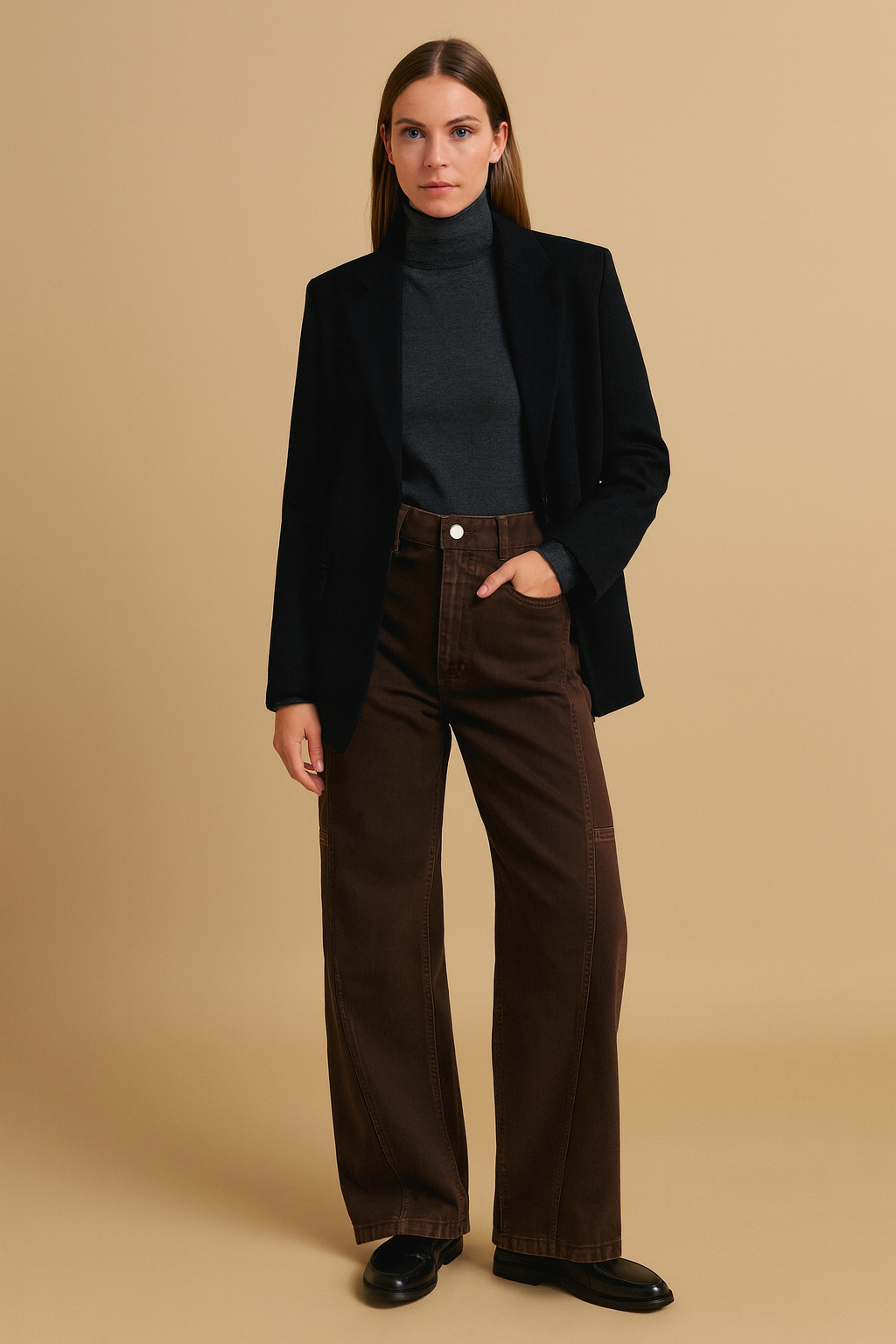 Three-quarter angle view of women’s brown wide-leg jeans, styled with loafers and blazer for a chic, timeless look.