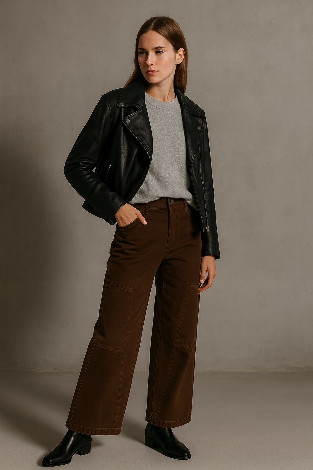 Women’s brown mid-waist wide-leg jeans styled with a black leather jacket and charcoal t-shirt for a modern classic outfit.