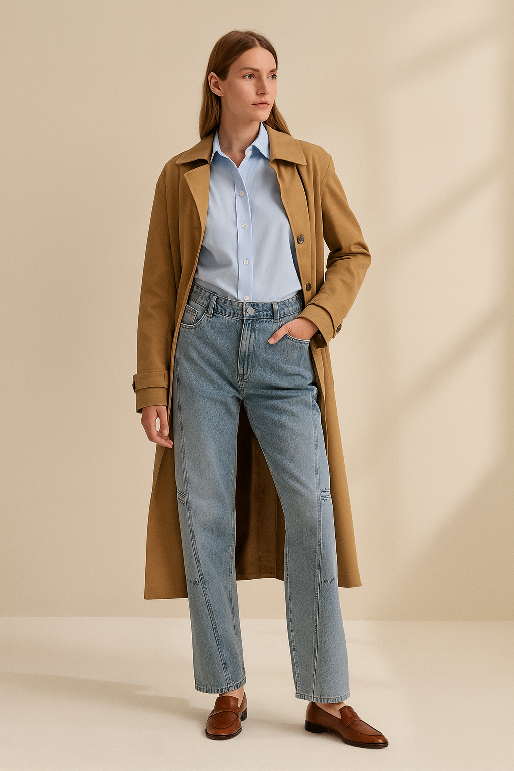 Light blue wide-leg jeans with mid-rise waist, panel stitching detail, paired with brown loafers, a light blue tucked shirt, and a khaki trench coat.