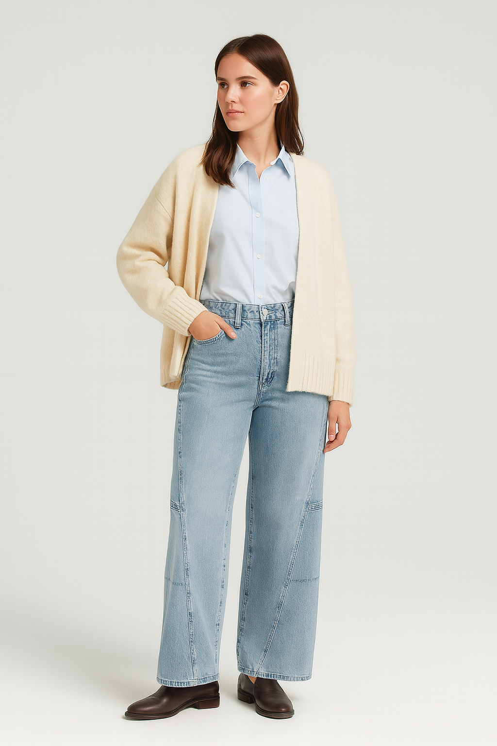 Women’s mid-waist wide-leg jeans in light blue denim, styled with a light blue shirt and cream cardigan for a relaxed classic look.