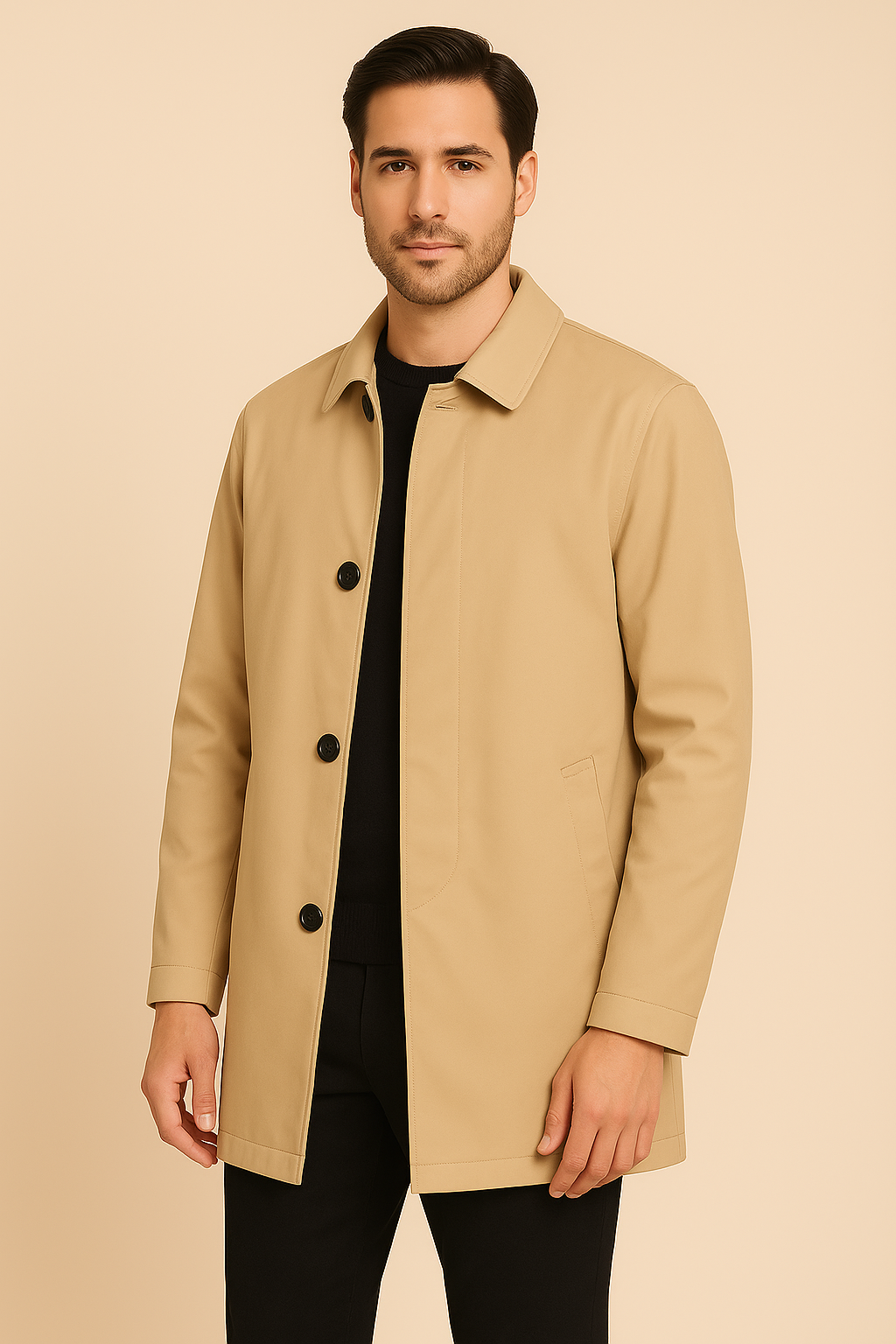 Men’s mid-length trench coat in matte fabric, worn by a male model against a plain beige background. The coat features a pointed collar, concealed button placket, side welt pockets, and a tailored silhouette, styled for a clean, classic look.
