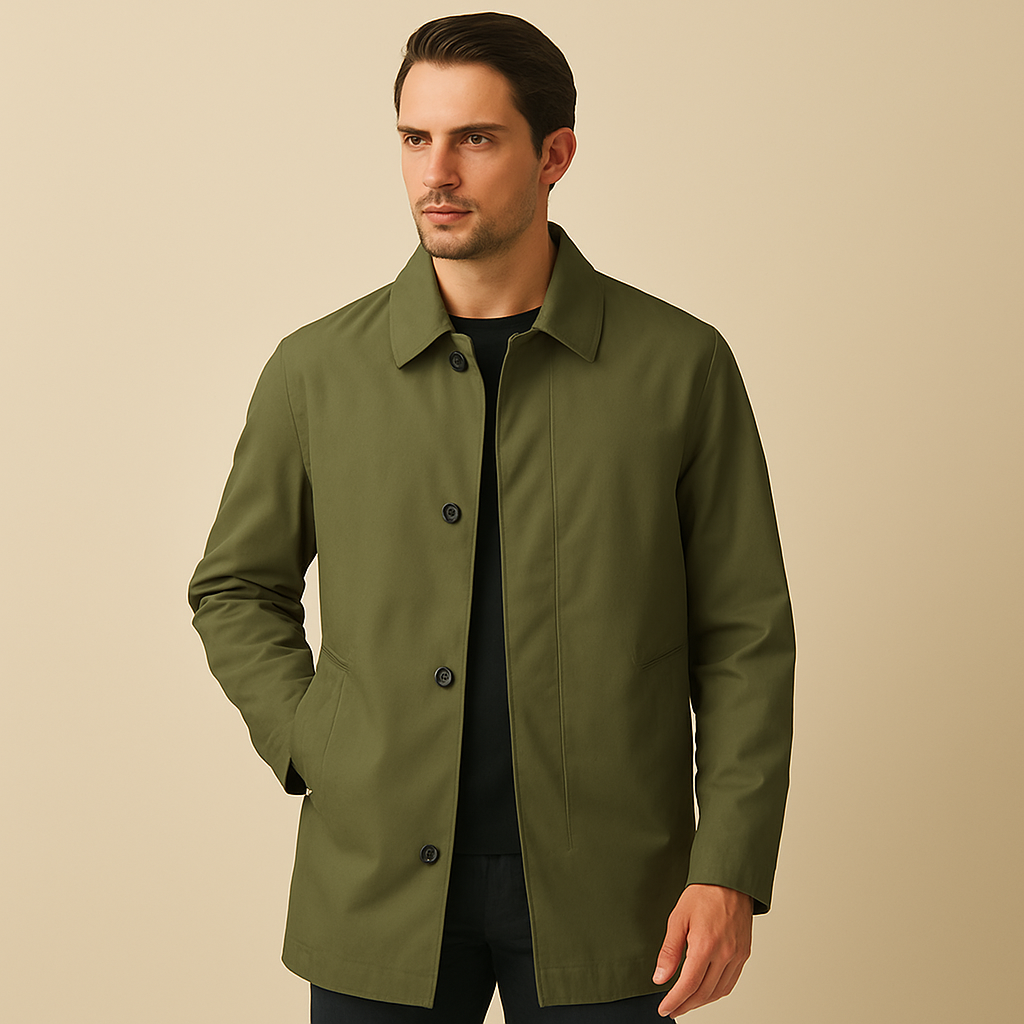 Men’s mid-length trench coat in matte fabric, worn by a male model against a plain beige background. The coat features a pointed collar, concealed button placket, side welt pockets, and a tailored silhouette, styled for a clean, classic look.