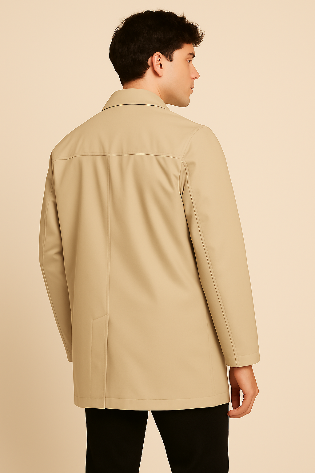 Men’s mid-length trench coat in matte fabric, worn by a male model against a plain beige background. The coat features a pointed collar, concealed button placket, side welt pockets, and a tailored silhouette, styled for a clean, classic look.
