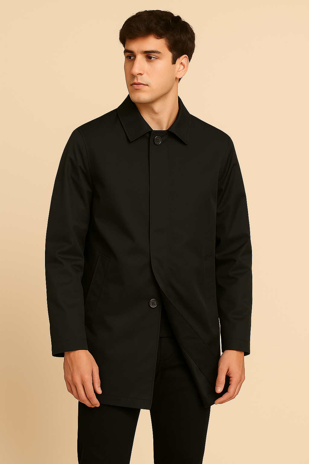 Men’s mid-length trench coat in matte fabric, worn by a male model against a plain beige background. The coat features a pointed collar, concealed button placket, side welt pockets, and a tailored silhouette, styled for a clean, classic look.