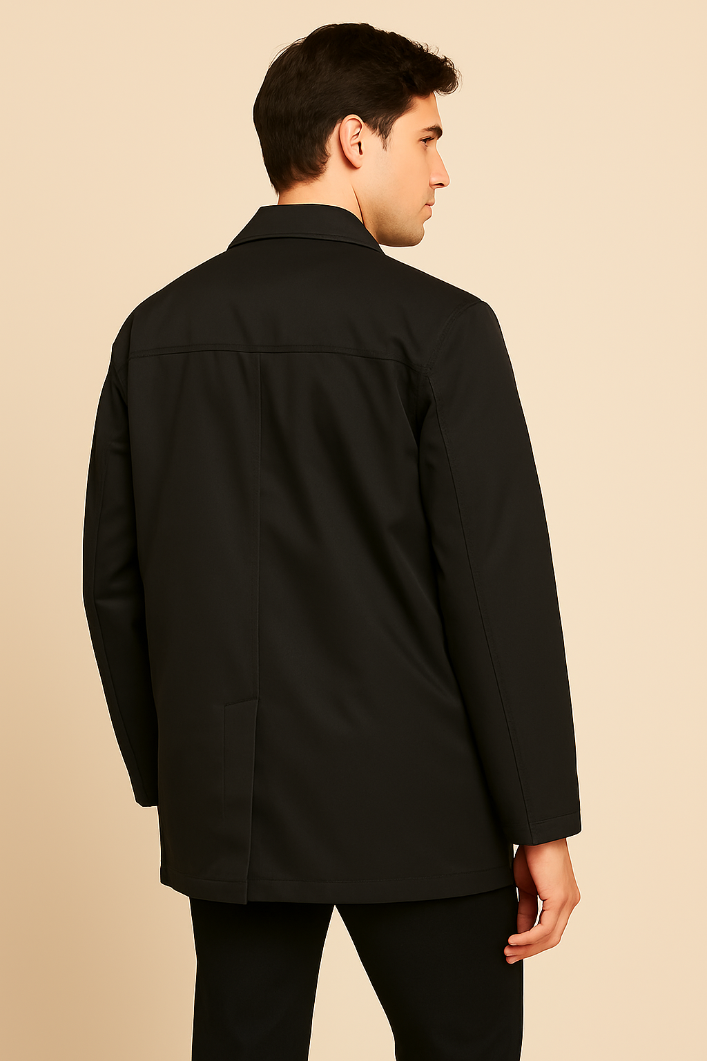 Men’s mid-length trench coat in matte fabric, worn by a male model against a plain beige background. The coat features a pointed collar, concealed button placket, side welt pockets, and a tailored silhouette, styled for a clean, classic look.