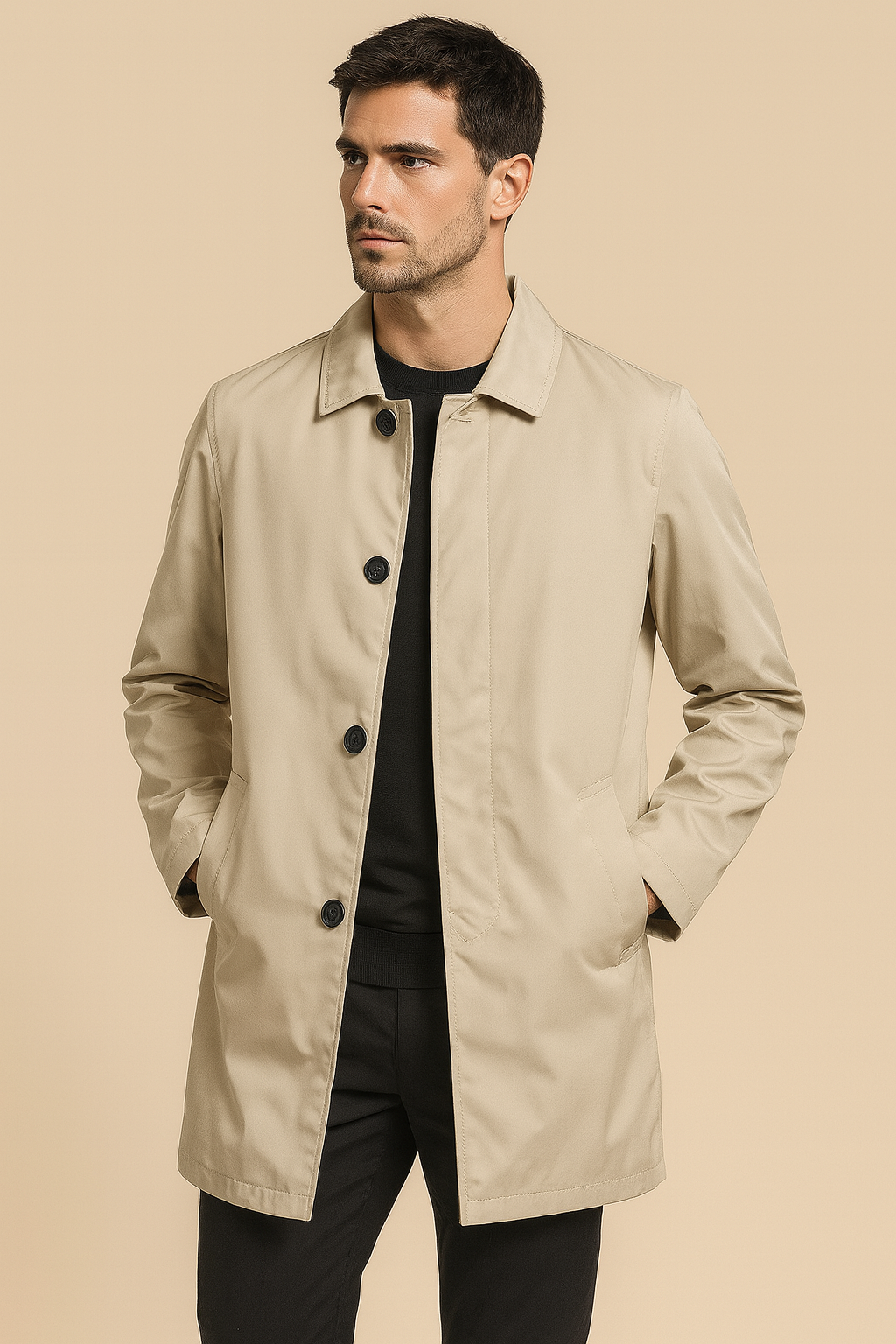 Men’s mid-length trench coat in matte fabric, worn by a male model against a plain beige background. The coat features a pointed collar, concealed button placket, side welt pockets, and a tailored silhouette, styled for a clean, classic look.