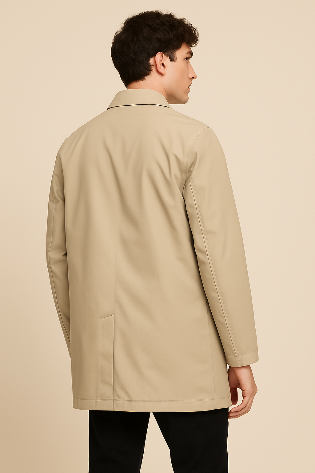 Men’s mid-length trench coat in matte fabric, worn by a male model against a plain beige background. The coat features a pointed collar, concealed button placket, side welt pockets, and a tailored silhouette, styled for a clean, classic look.