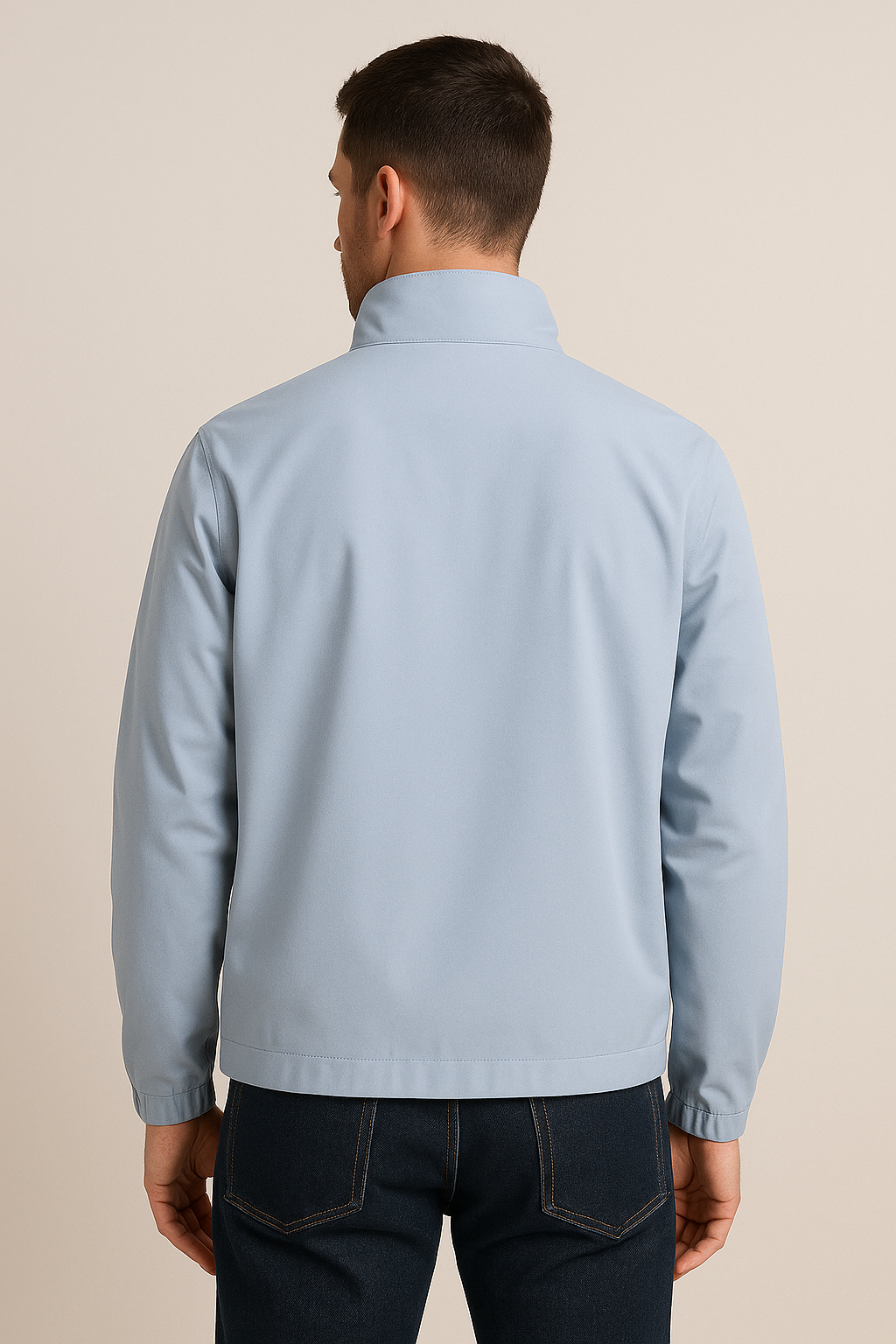 Back view of light blue stand collar jacket with straight hem and structured silhouette.