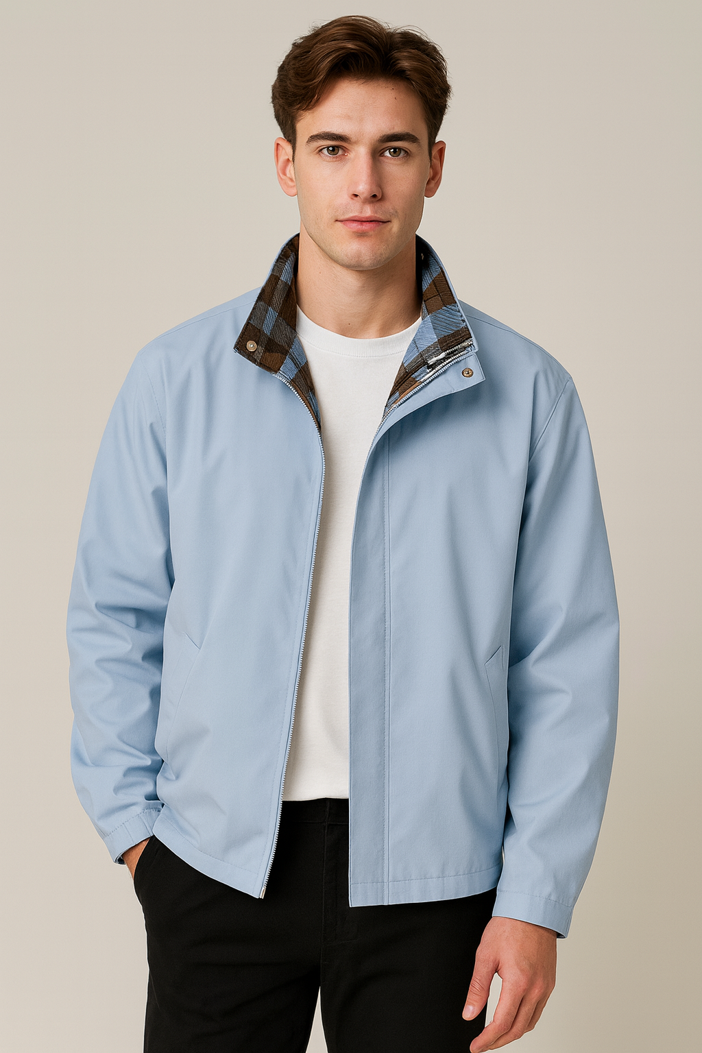Light blue men’s stand collar jacket with contrasting plaid inner collar, sleek zipper, and welt pockets – studio product photo.