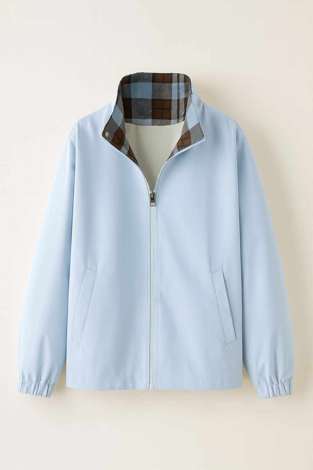 Product view of light blue stand collar jacket