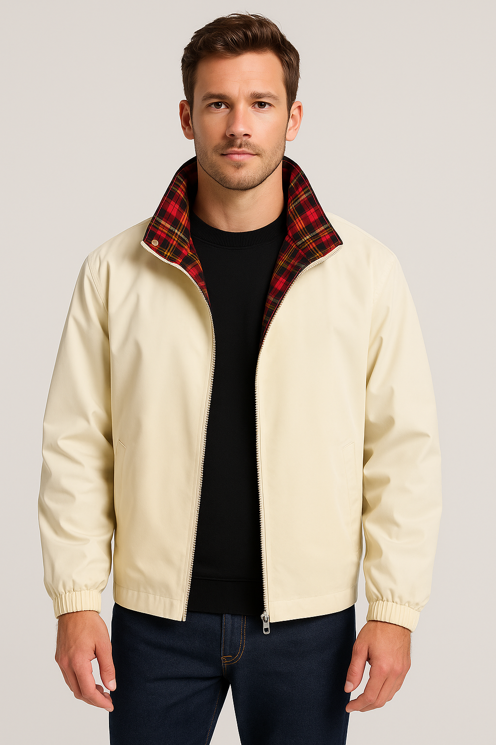 Men’s cream stand collar jacket with plaid collar lining, zip closure, and welt pockets – minimal studio background.