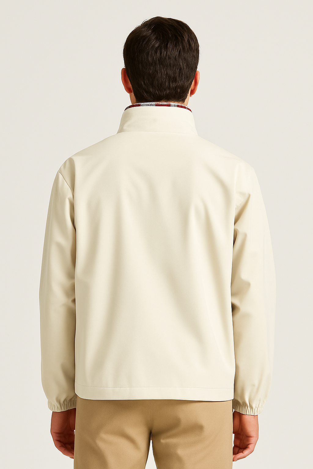 Rear view of men’s off-white stand collar jacket showcasing tailored fit and straight hem design.