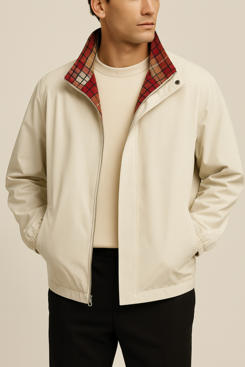 Men’s off-white stand collar jacket with plaid-lined collar and smooth outer shell – high-resolution product photo.