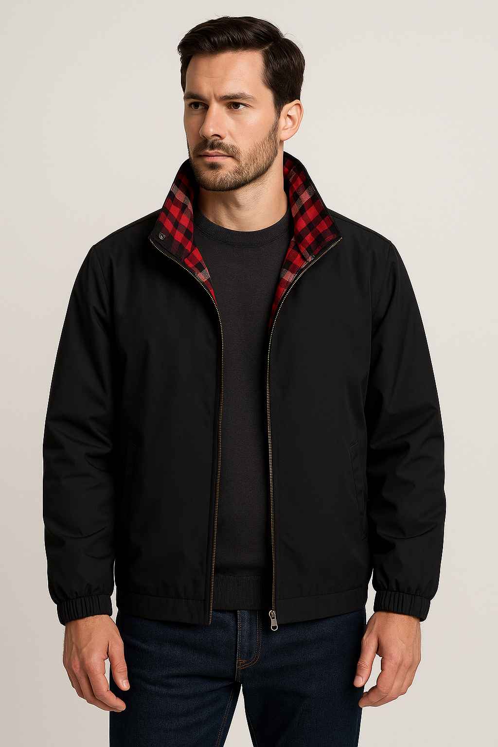 Men’s black stand collar jacket with plaid inner lining, zip closure, and welt pockets – studio-lit product photo.