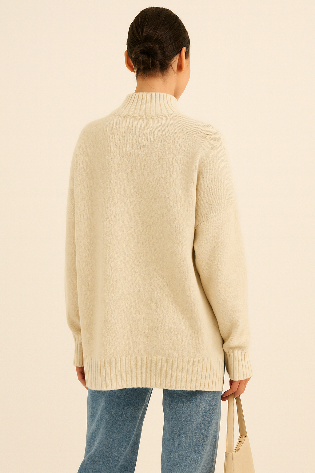 Back view of cream Nordash Oversized Turtleneck Sweater, relaxed fit with ribbed cuffs and hem, worn over denim in neutral studio setting.