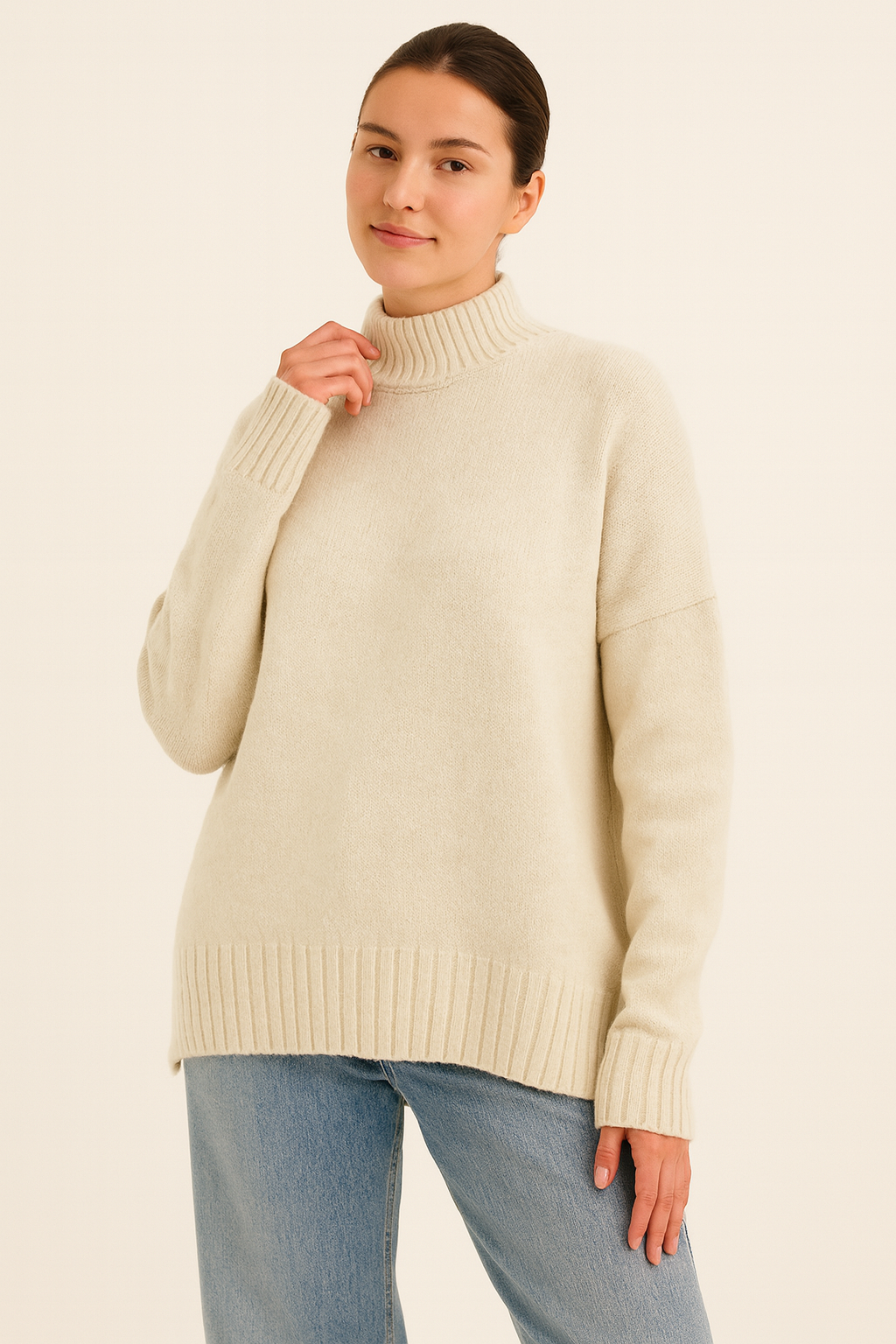 Model wearing Nordash Oversized Turtleneck Sweater in cream, relaxed fit with ribbed cuffs and hem, styled with light denim against a neutral background.
