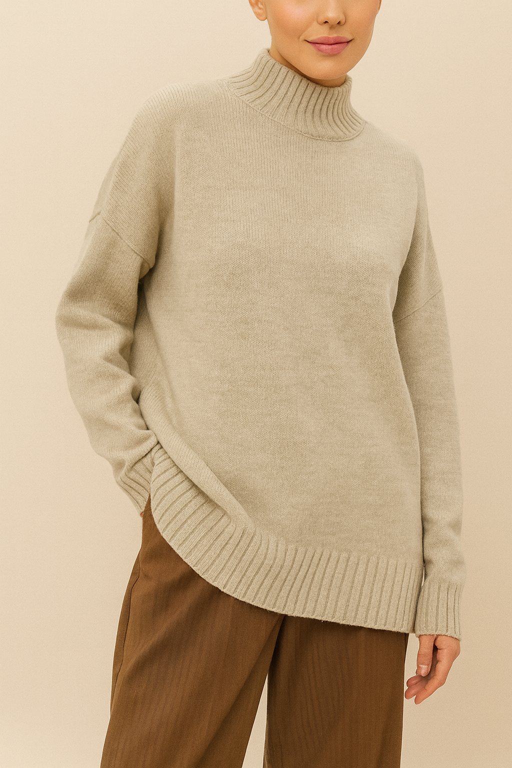 Nordash Oversized Turtleneck Sweater in light taupe, soft knit with ribbed hem and cuffs, styled with brown trousers in softly lit beige studio.